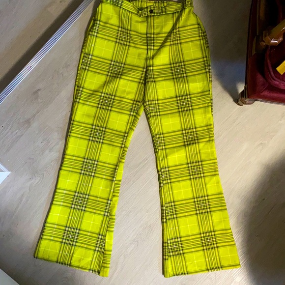Groovy neon green/yellow plaid pants - Picture 1 of 2